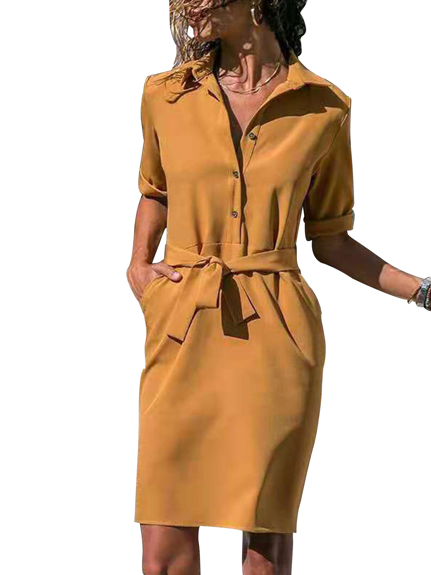 Women Shirt Dress Button Long Sleeve Dress Waist Lace Up Clothes - Picture 9 of 13
