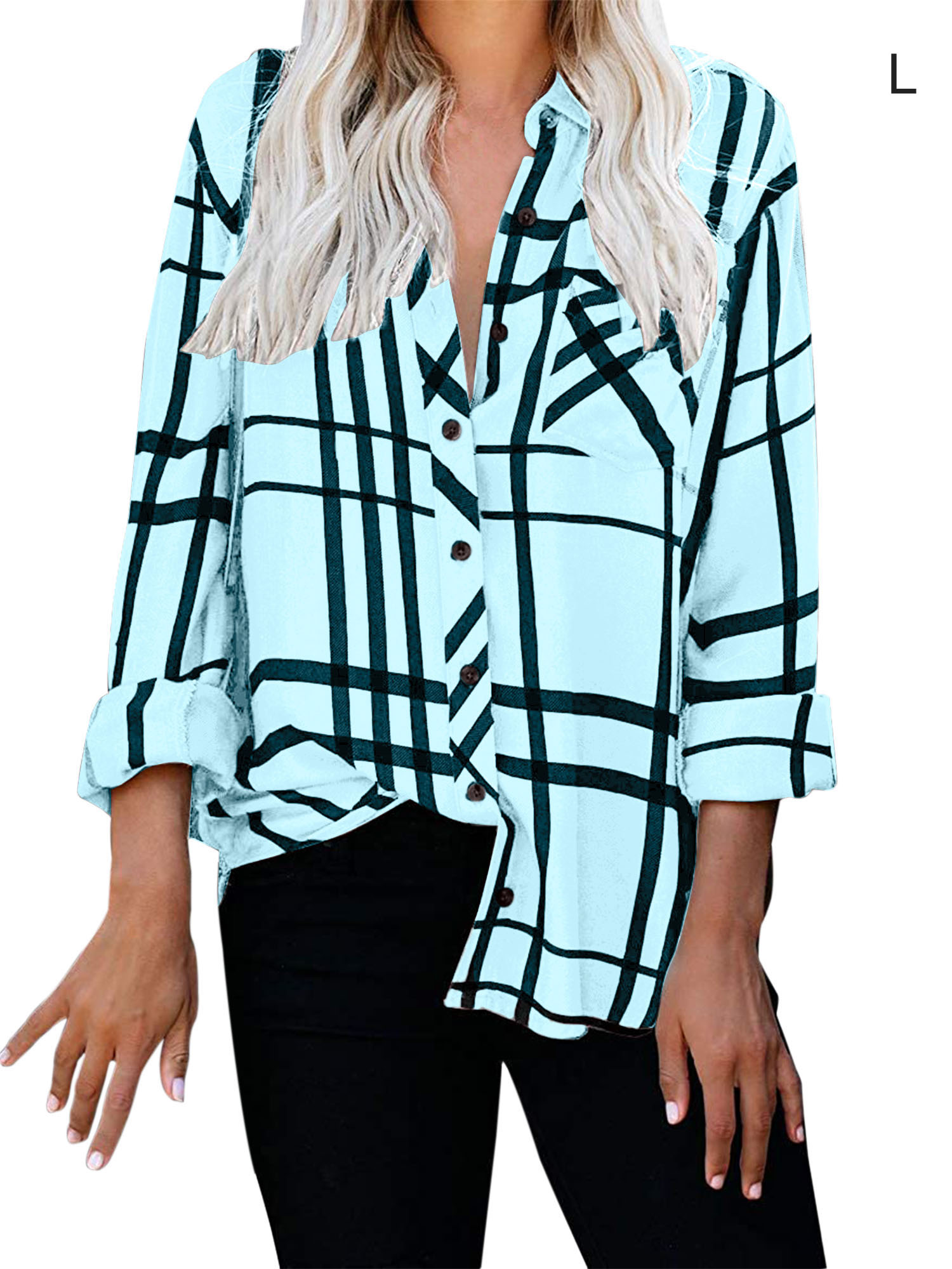 Polyester Woman Shirt V Neck Striped Long Sleeve Blouses Travelling Shirts - Picture 11 of 11