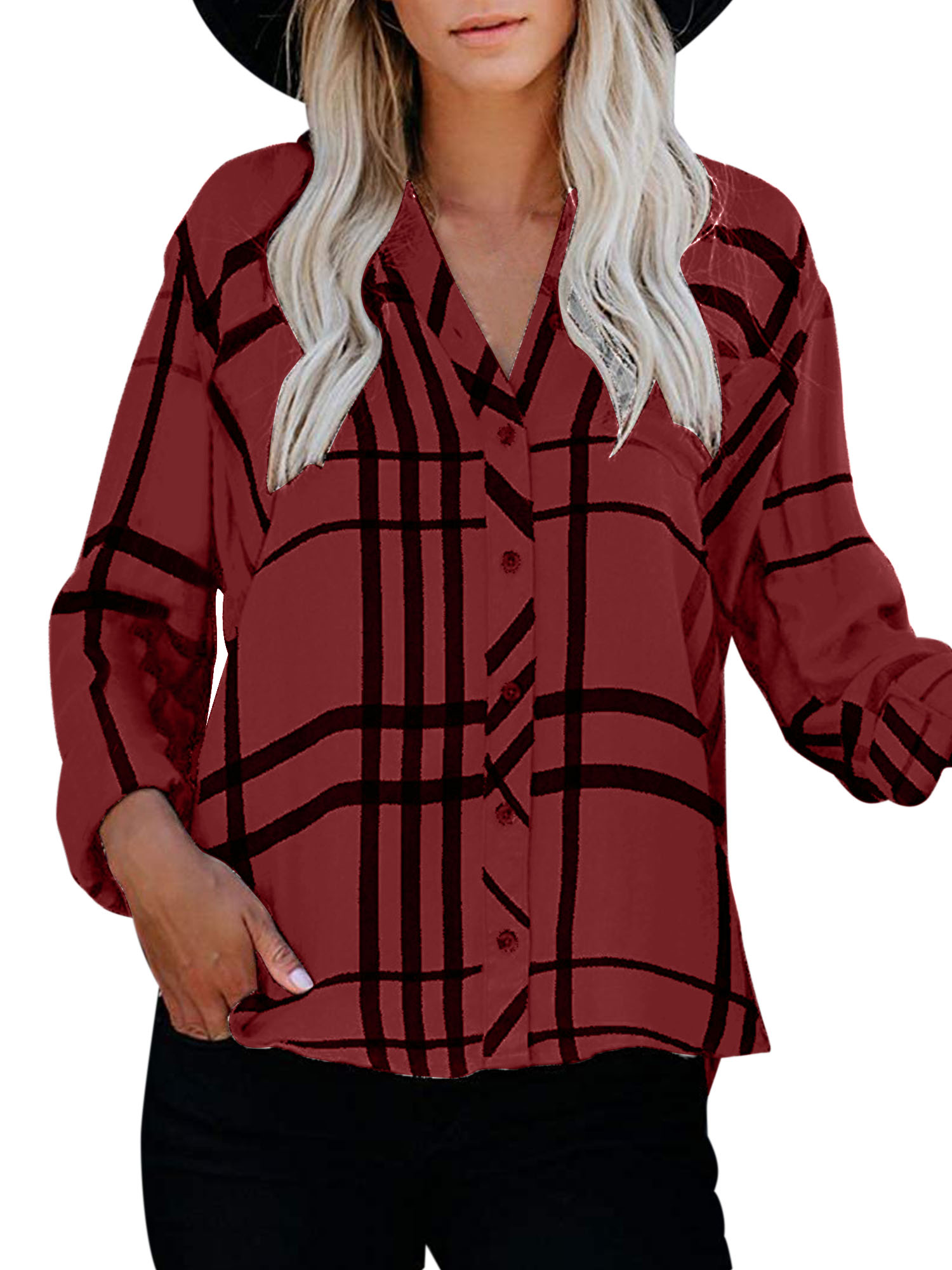 Polyester Woman Shirt V Neck Striped Long Sleeve Blouses Travelling Shirts - Picture 8 of 11
