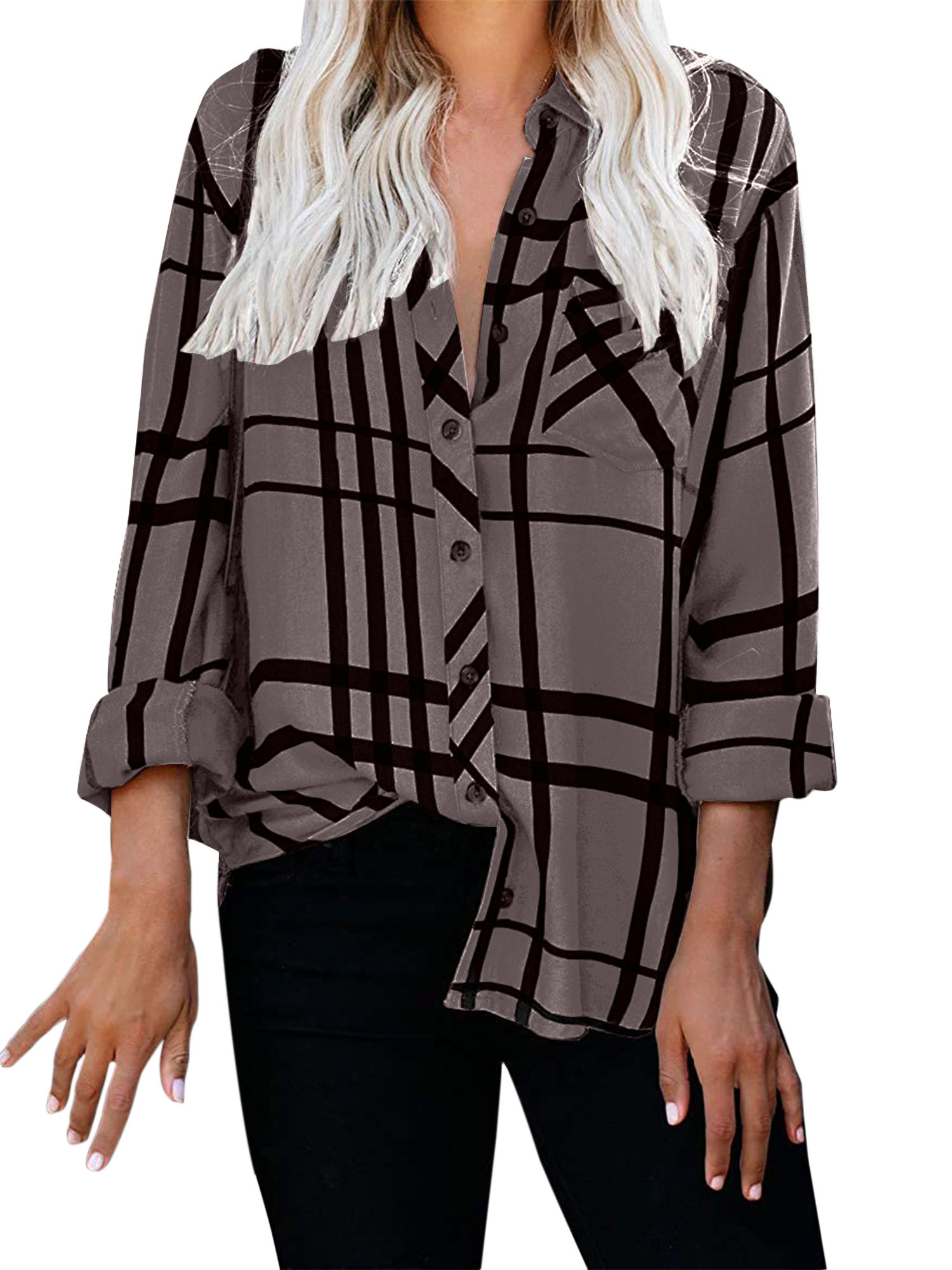 Polyester Woman Shirt V Neck Striped Long Sleeve Blouses Travelling Shirts - Picture 3 of 11