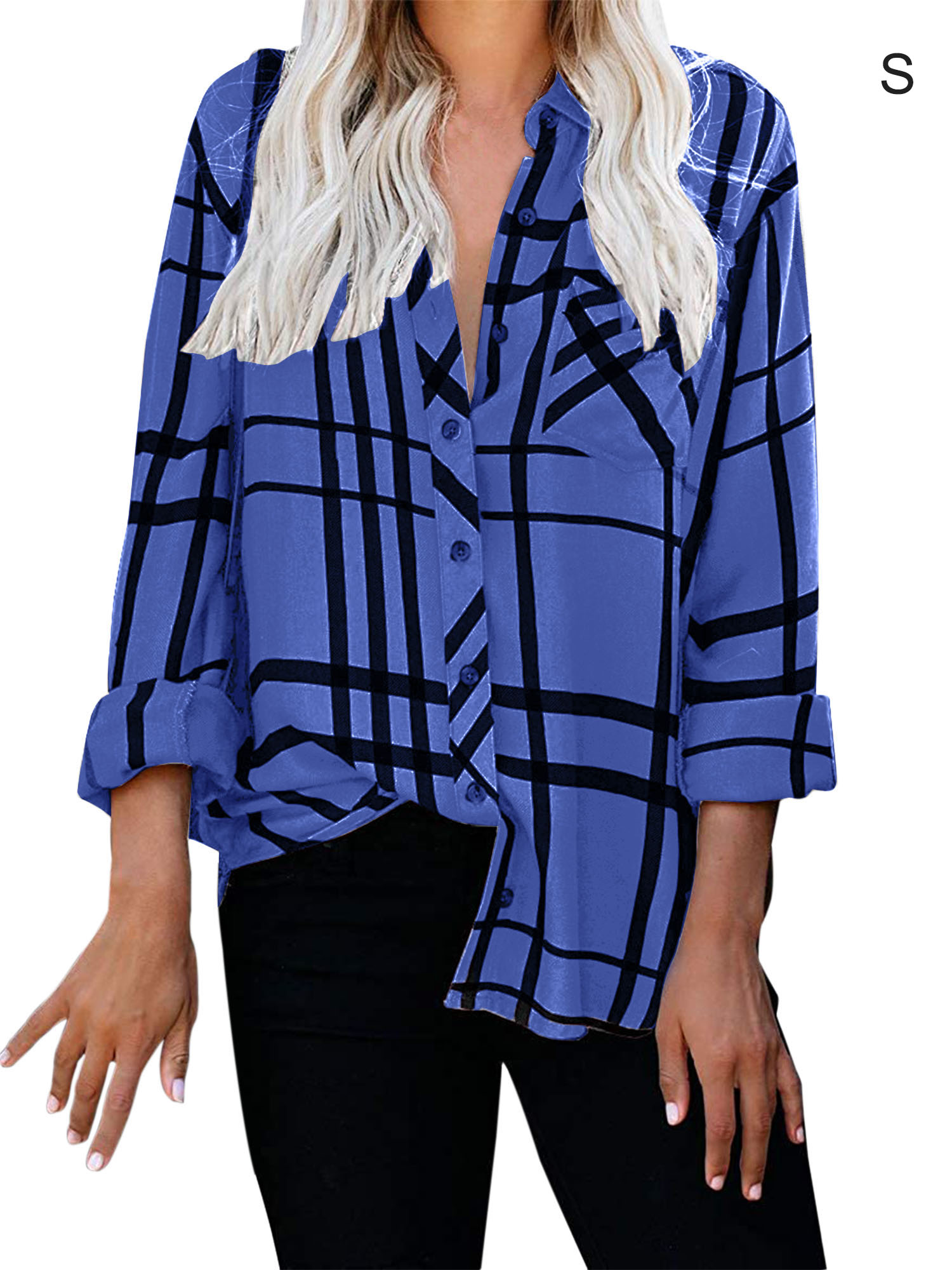 Polyester Woman Shirt V Neck Striped Long Sleeve Blouses Travelling Shirts - Picture 4 of 11