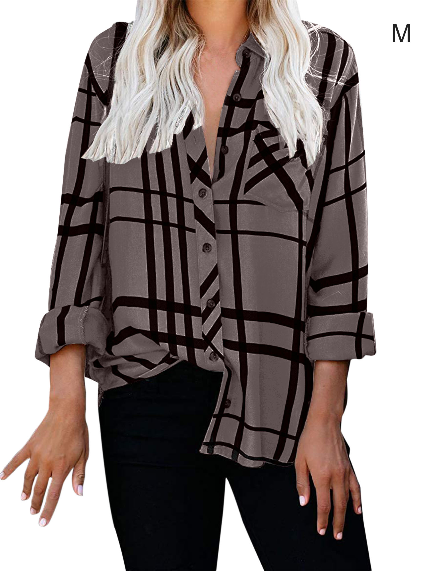 Polyester Woman Shirt V Neck Striped Long Sleeve Blouses Travelling Shirts - Picture 2 of 11