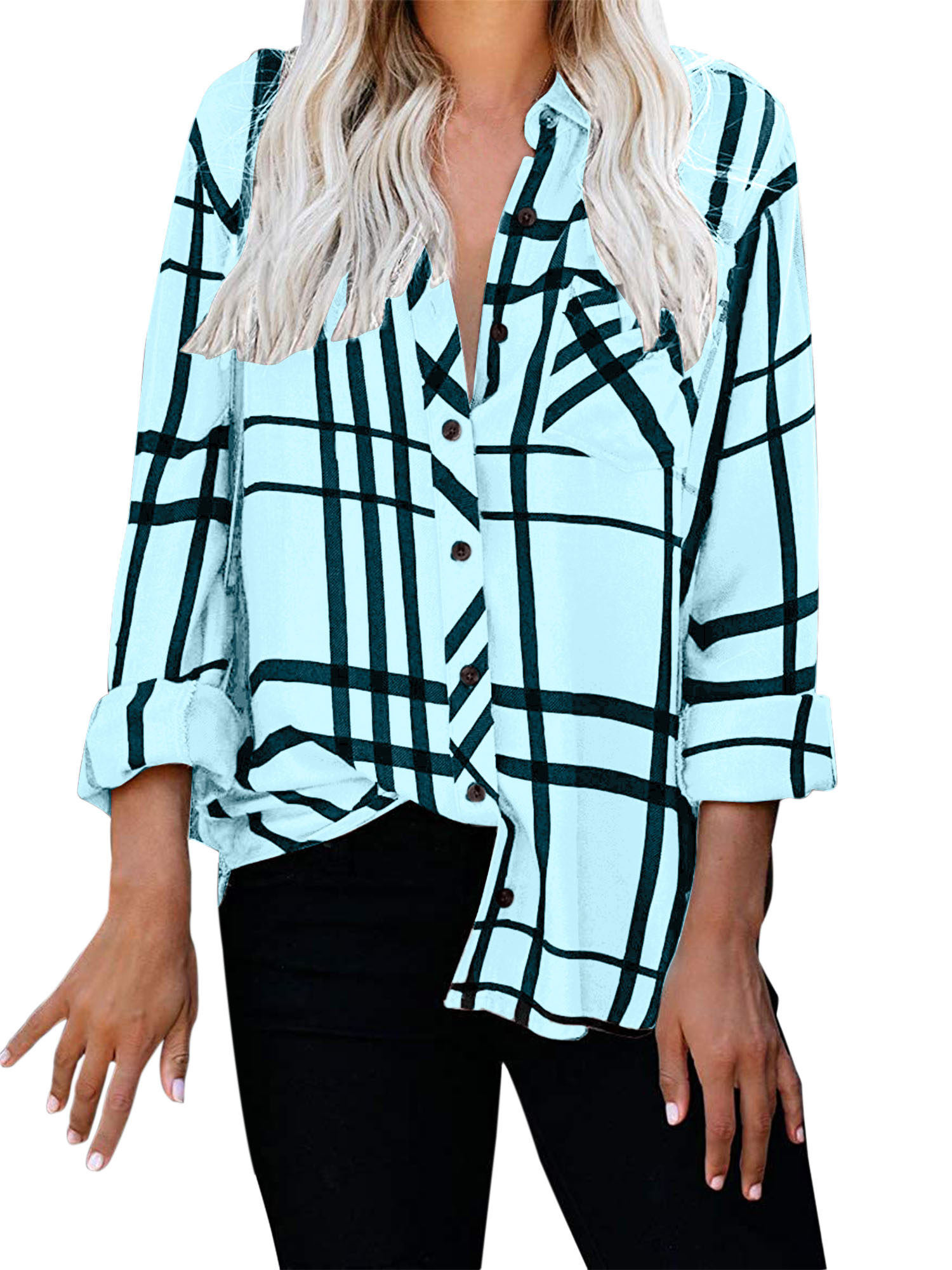 Polyester Woman Shirt V Neck Striped Long Sleeve Blouses Travelling Shirts - Picture 10 of 11