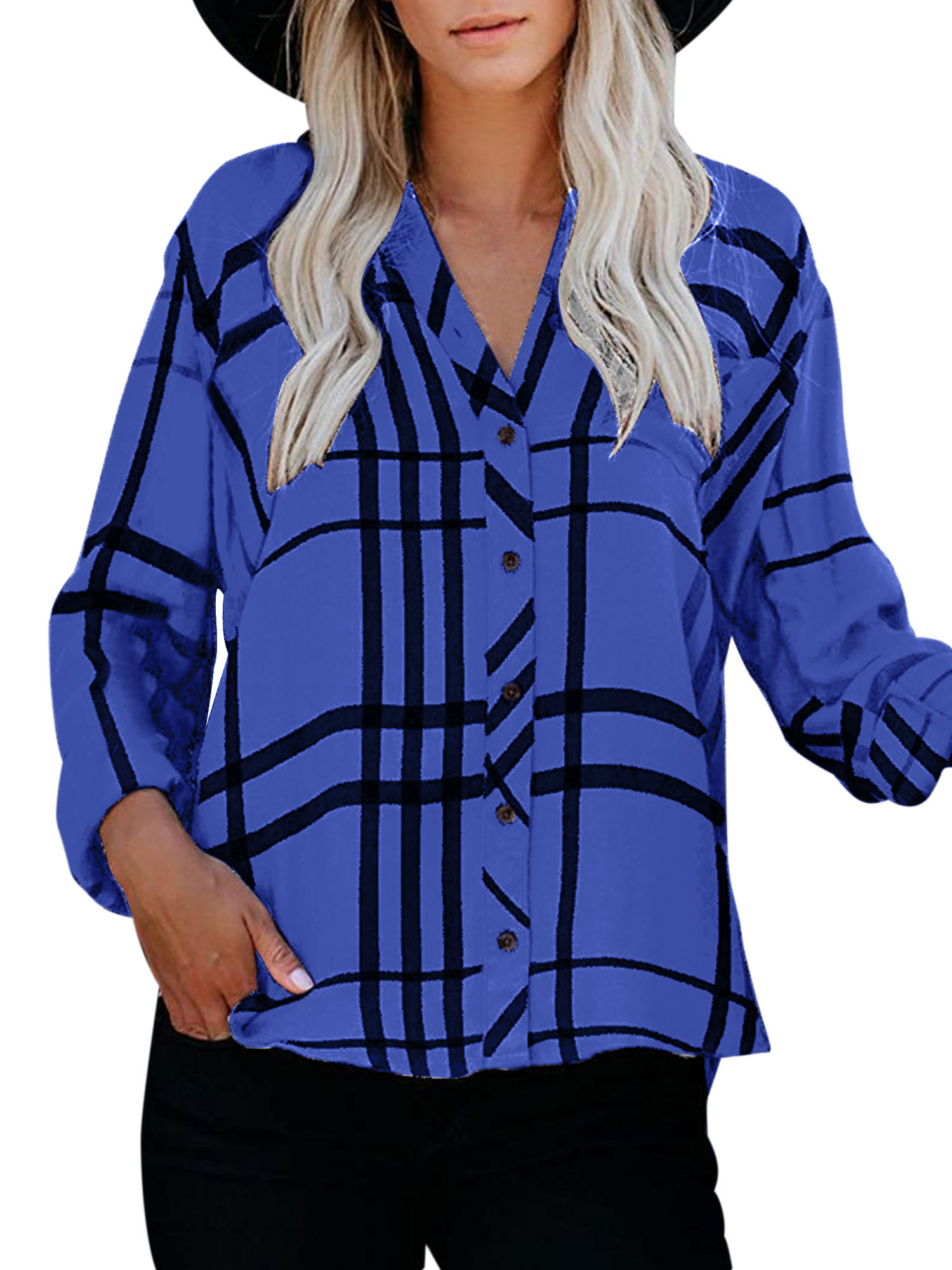 Polyester Woman Shirt V Neck Striped Long Sleeve Blouses Travelling Shirts - Picture 5 of 11