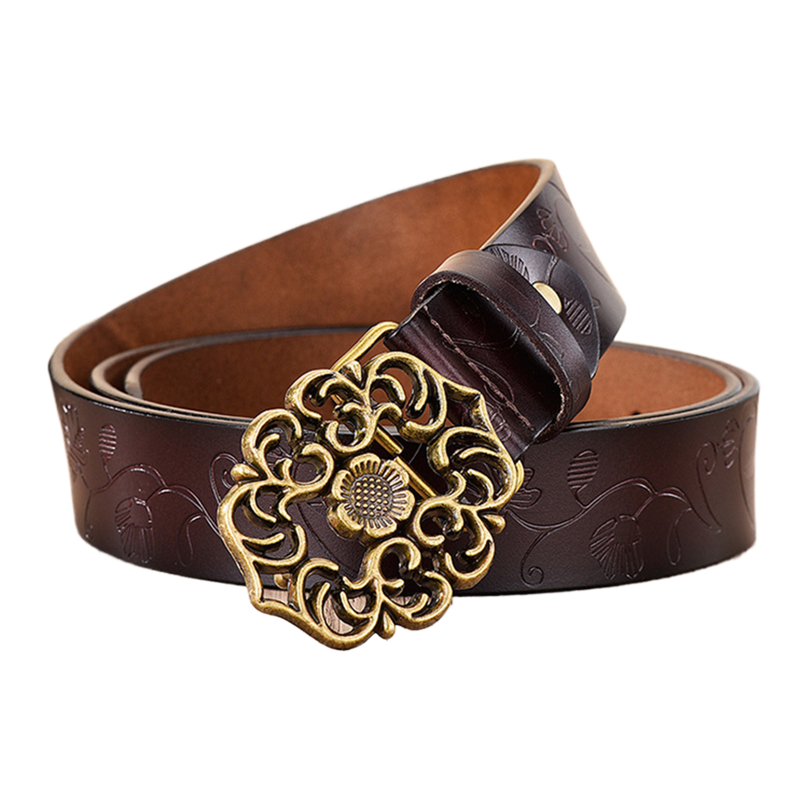 Premium Cow Skin Leather Flower Buckle Belt For Jeans Coffee Adjustable - Picture 14 of 14