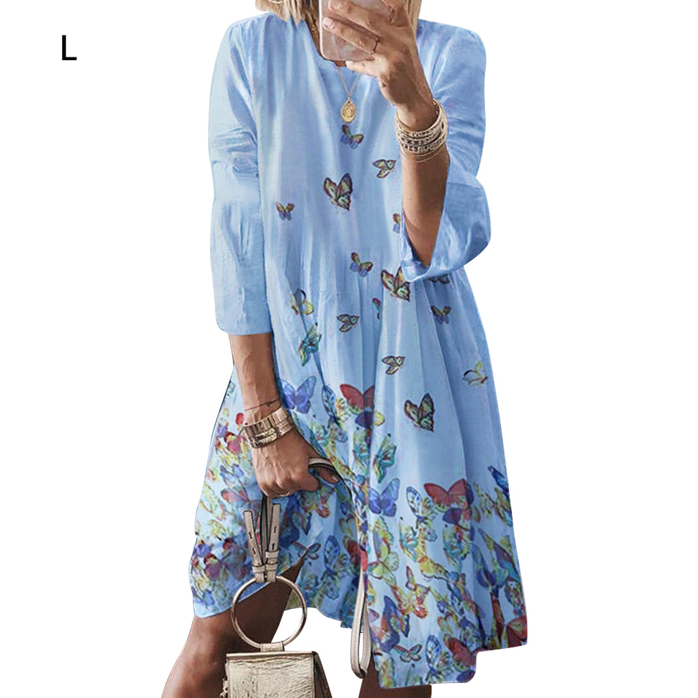 Printed Long Sleeve Midi Dress Round Neck Large Swing High Waist Women Clothes