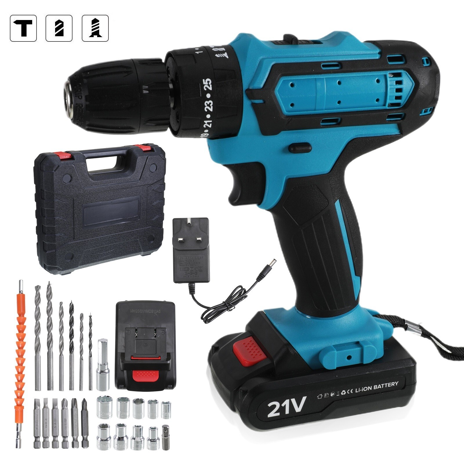 2 Battery 21V Cordless Hammer Drill Bit Set Impact Driver Screwdriver UK Charger