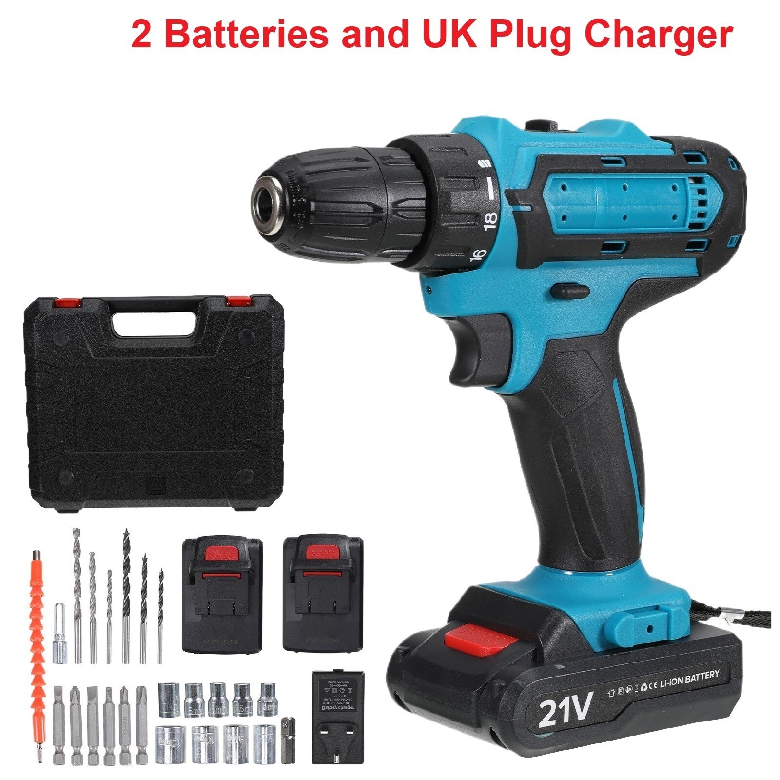 2 Battery 21V Cordless Drill Combi Driver High Power Electric Screwdriver Set